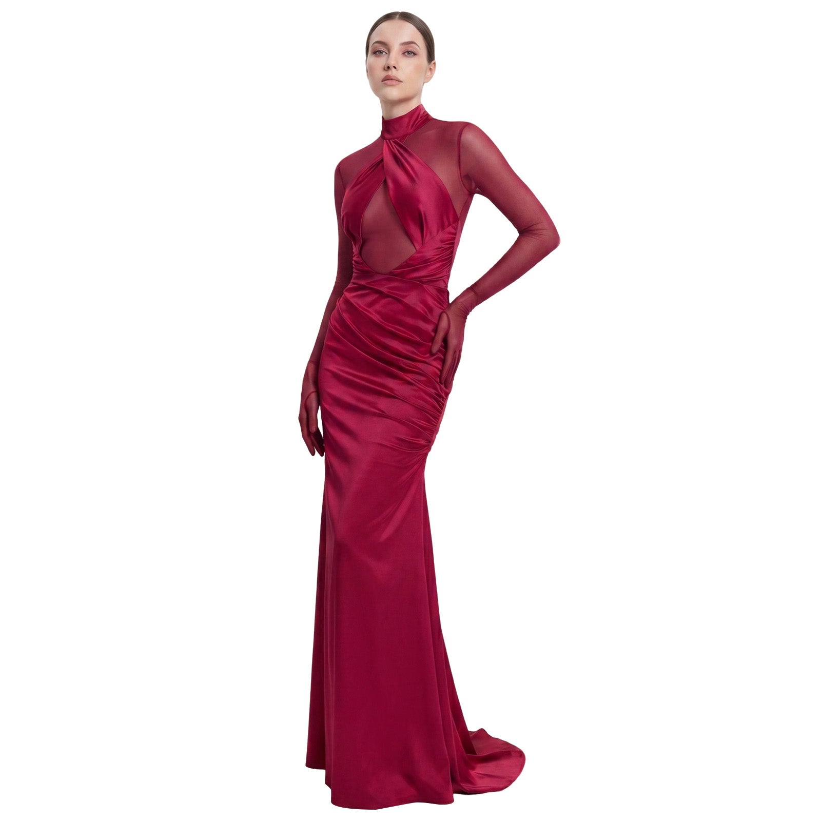 Burgundy Mesh Sleeve Satin Mermaid Evening Gown