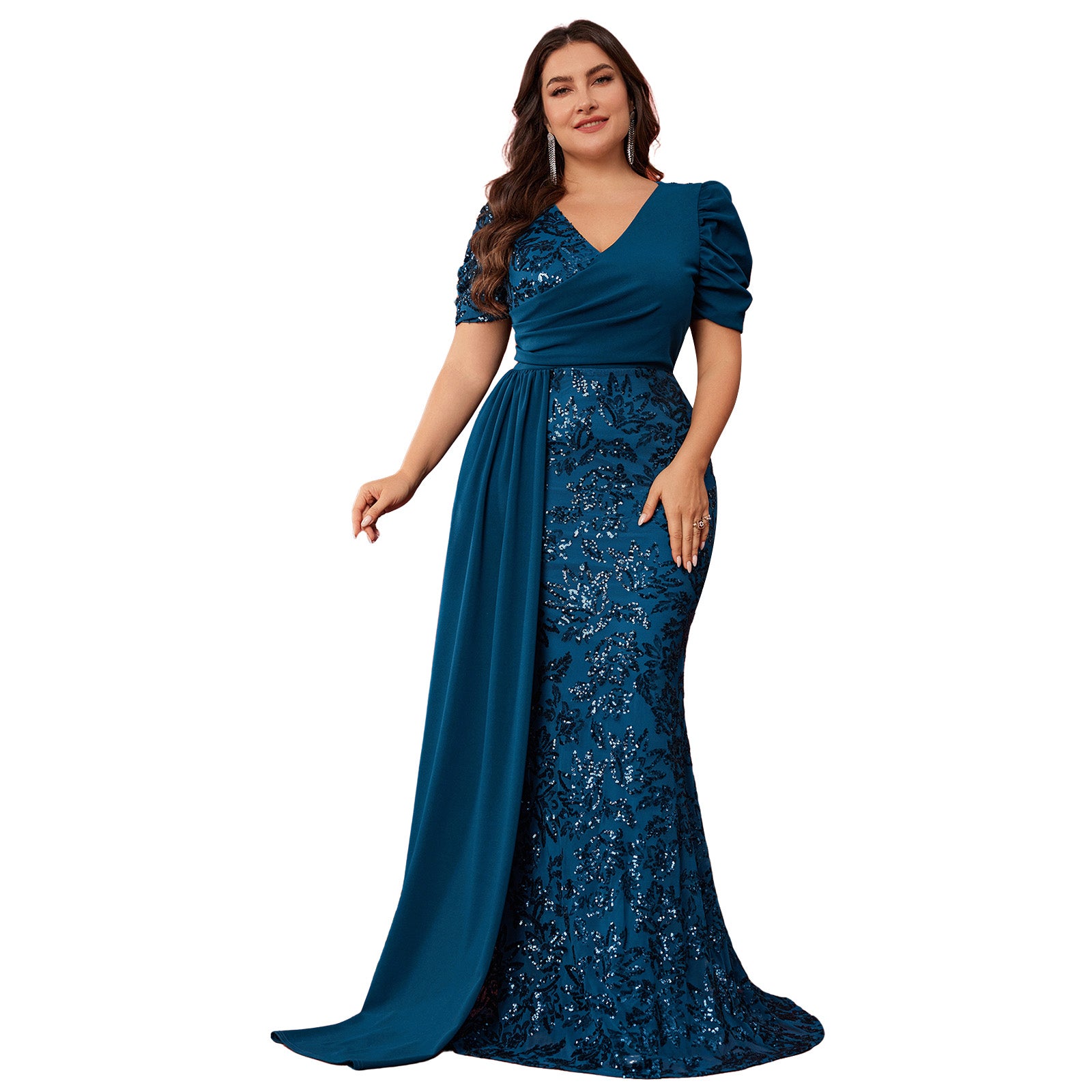 Curvy Plus Size Teal Satin & Sequin Mermaid Evening Dress Puff Sleeve Surplice V Neck Long Formal Mother of the Bride Gown With Drape Side Train