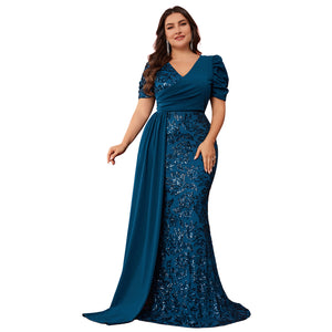 teal satin sequin mermaid gown for women front view