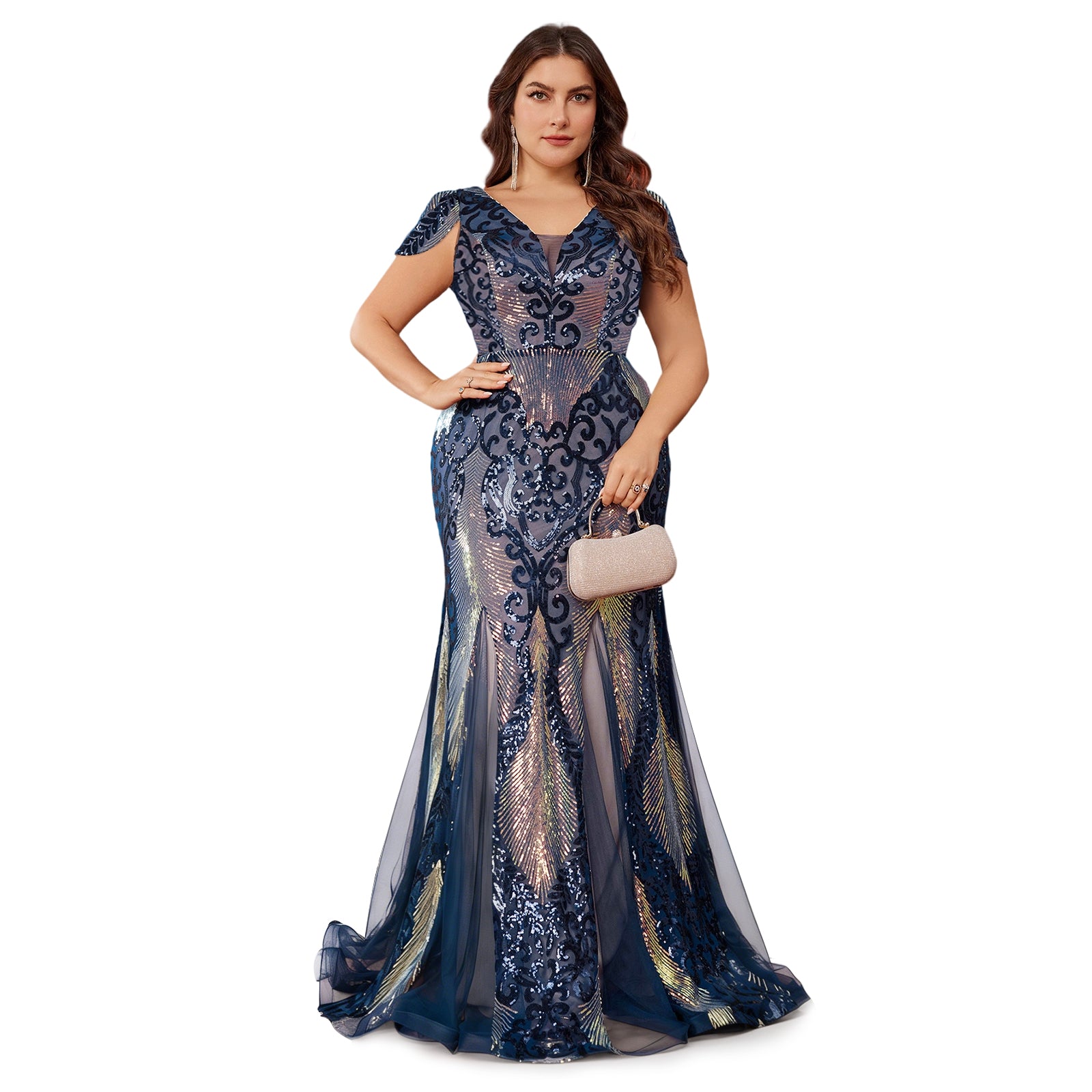 Plus Size Navy Gold Sequin Mermaid Evening Gown V Neck Cap Sleeve Formal Dress for Cocktail Party