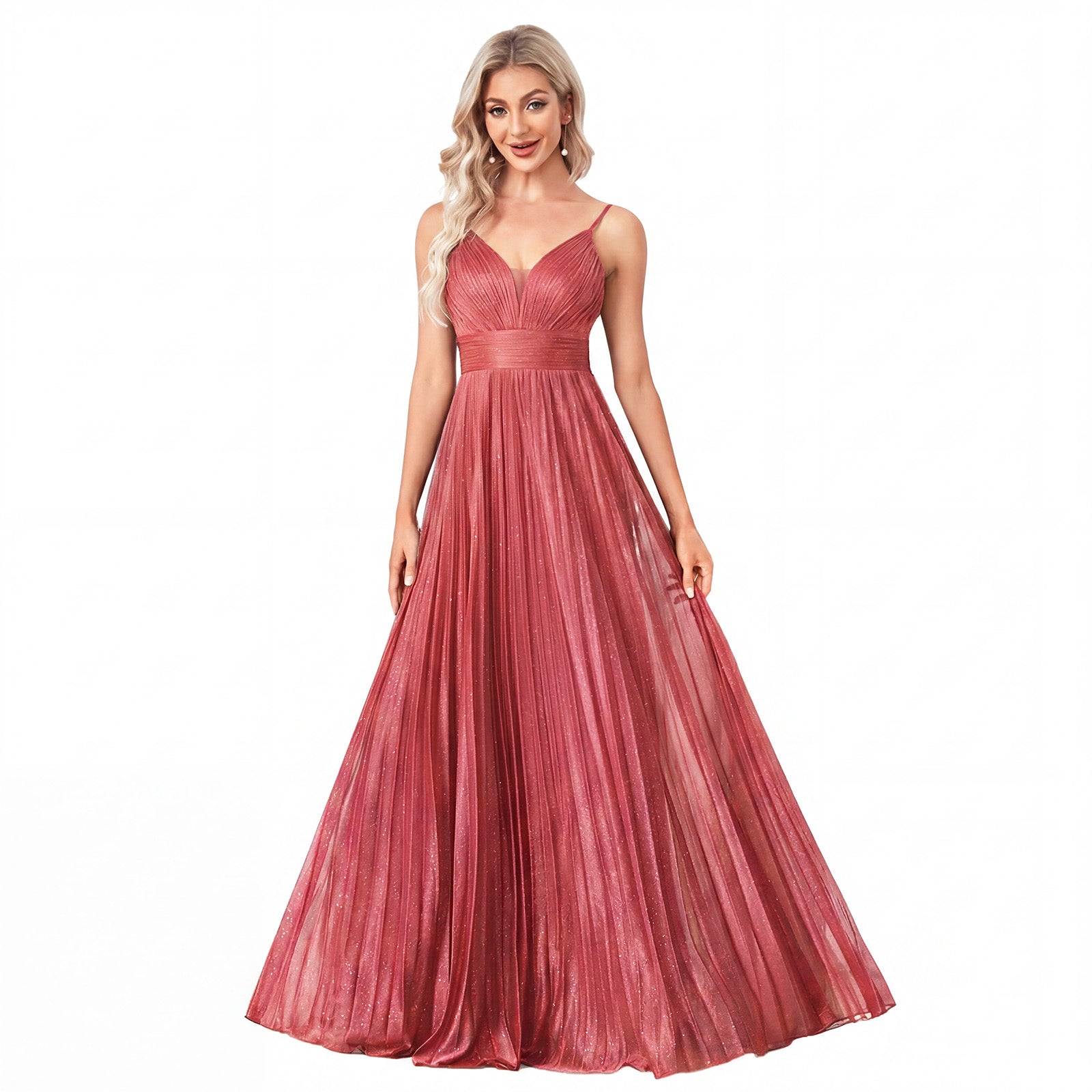 Sparkles Mesh Deep V Pleated Maxi A Line Formal Dress
