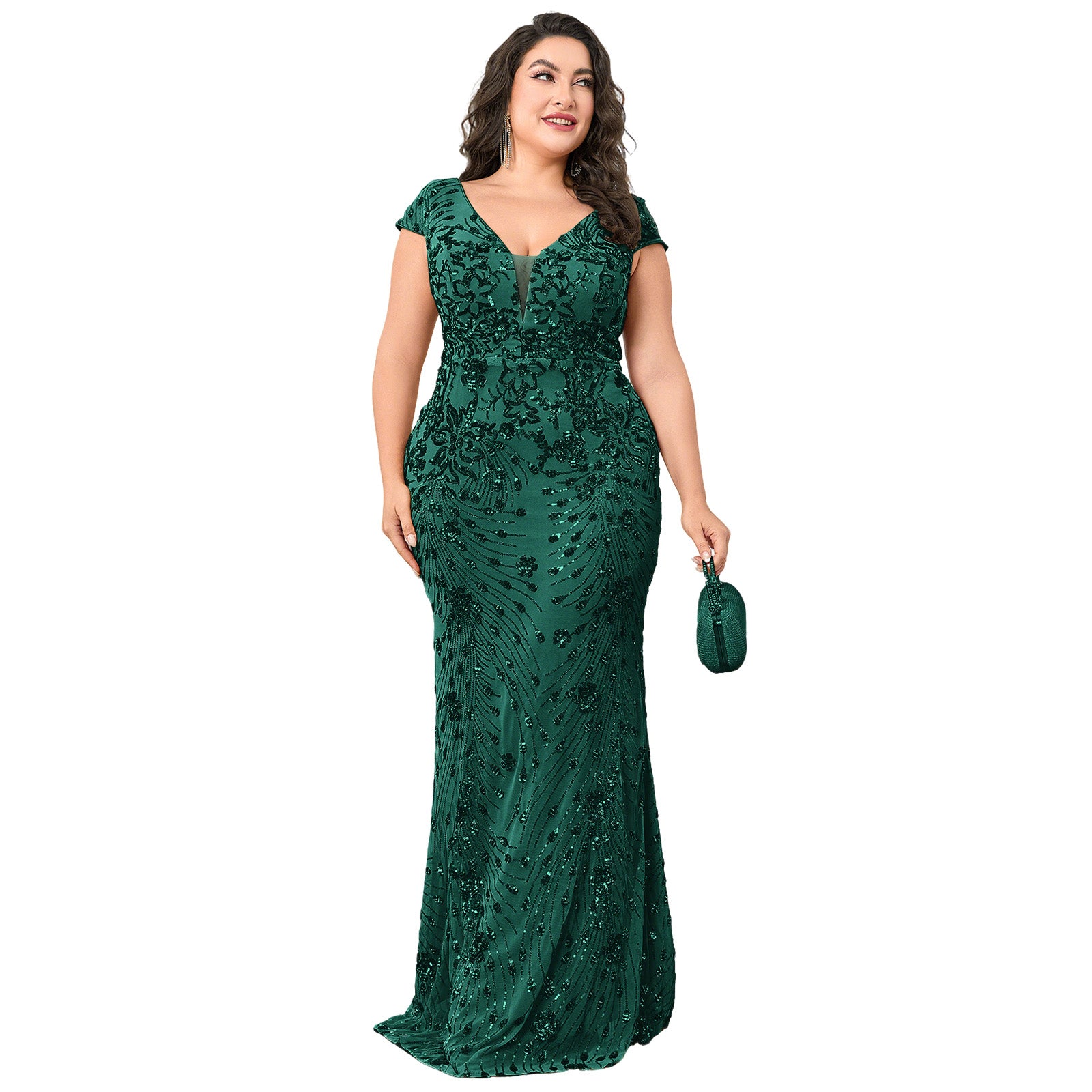 Curvy Fit Dark Green Sparkly Sequin Mermaid Long Formal Evening Dress for Gala Party