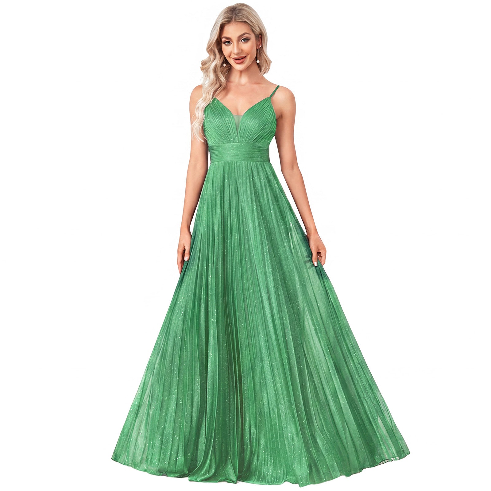 Sparkles Mesh Deep V Pleated Maxi A Line Formal Dress