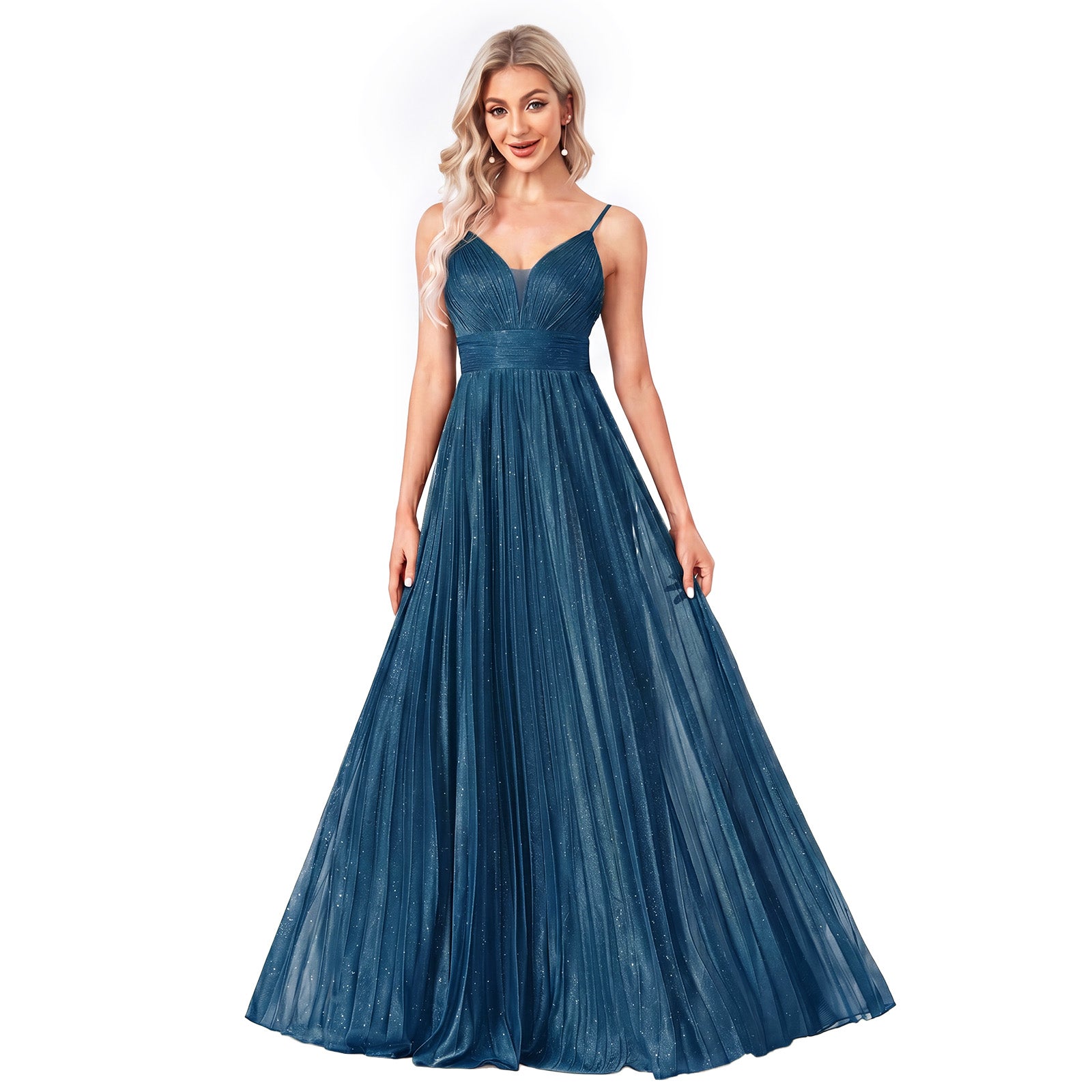 Sparkles Mesh Deep V Pleated Maxi A Line Formal Dress