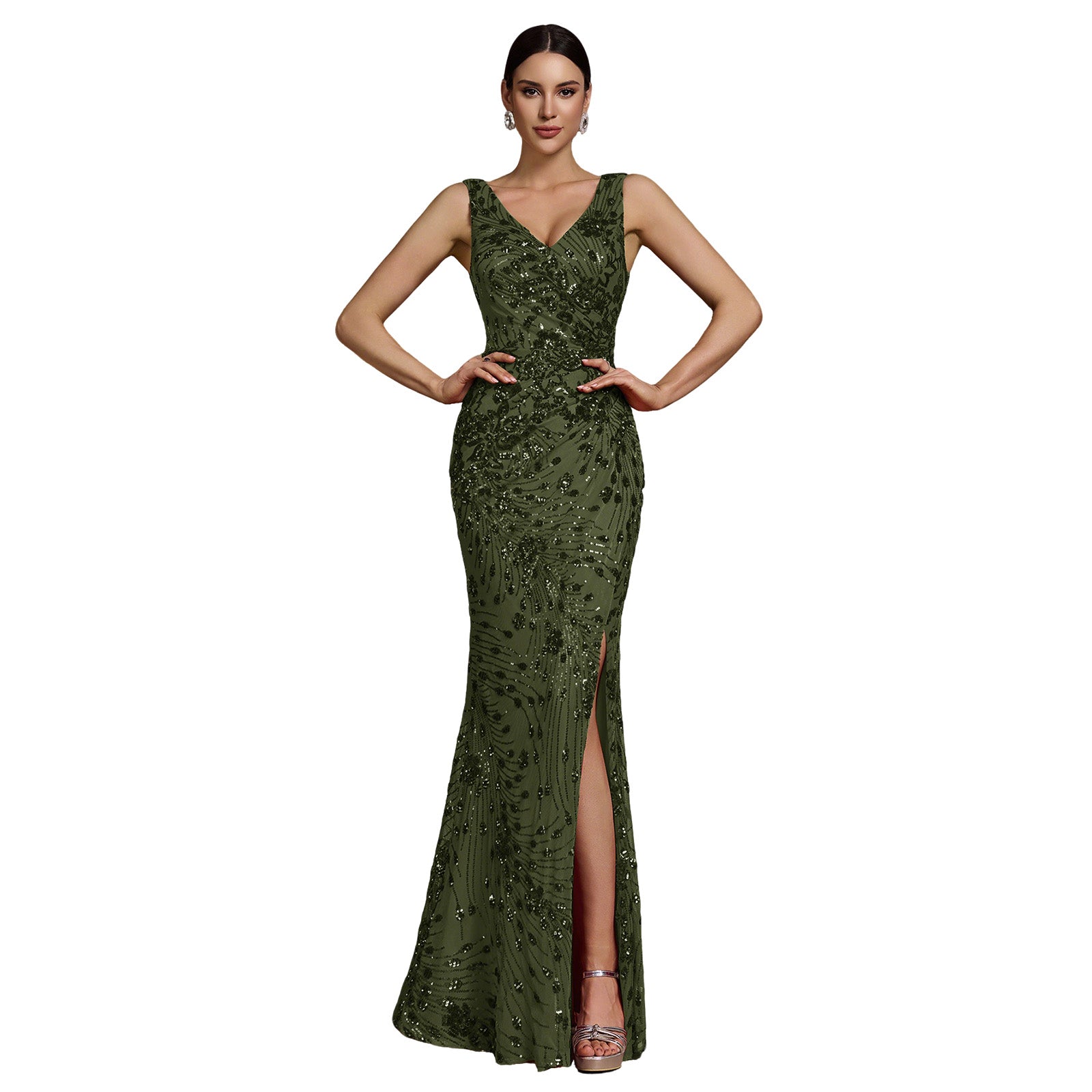 Embroidered Sequin Deep V Slit Mermaid Maxi Formal Gown
