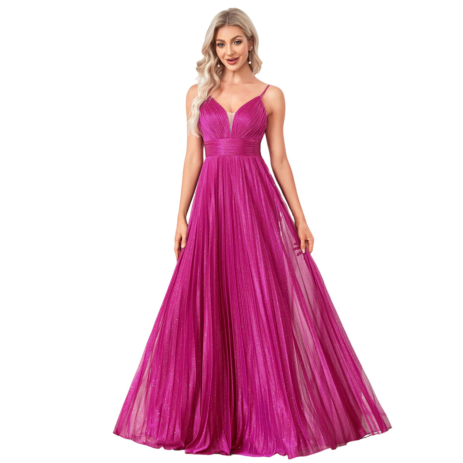 Sparkles Mesh Deep V Pleated Maxi A Line Formal Dress
