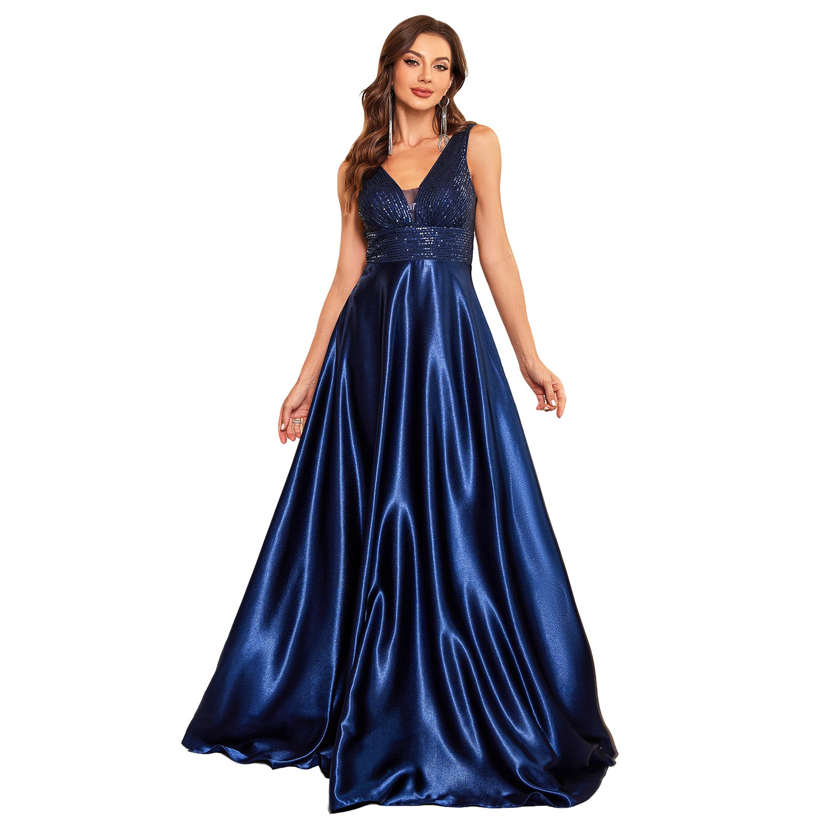 Black sequin embroidered V-neck backless maxi ball gown front view