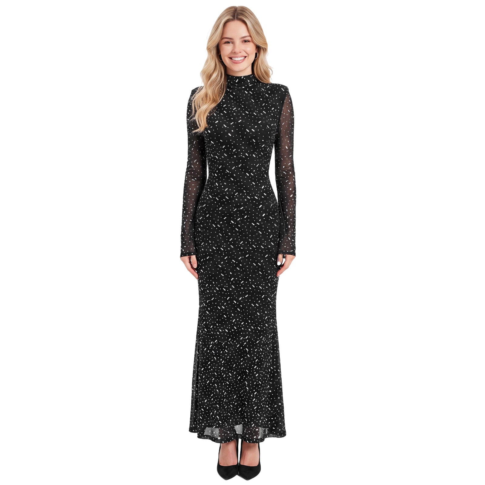 Rhinestone Mesh High Neck Midi Dress – Elegant Long Sleeve Evening Dress