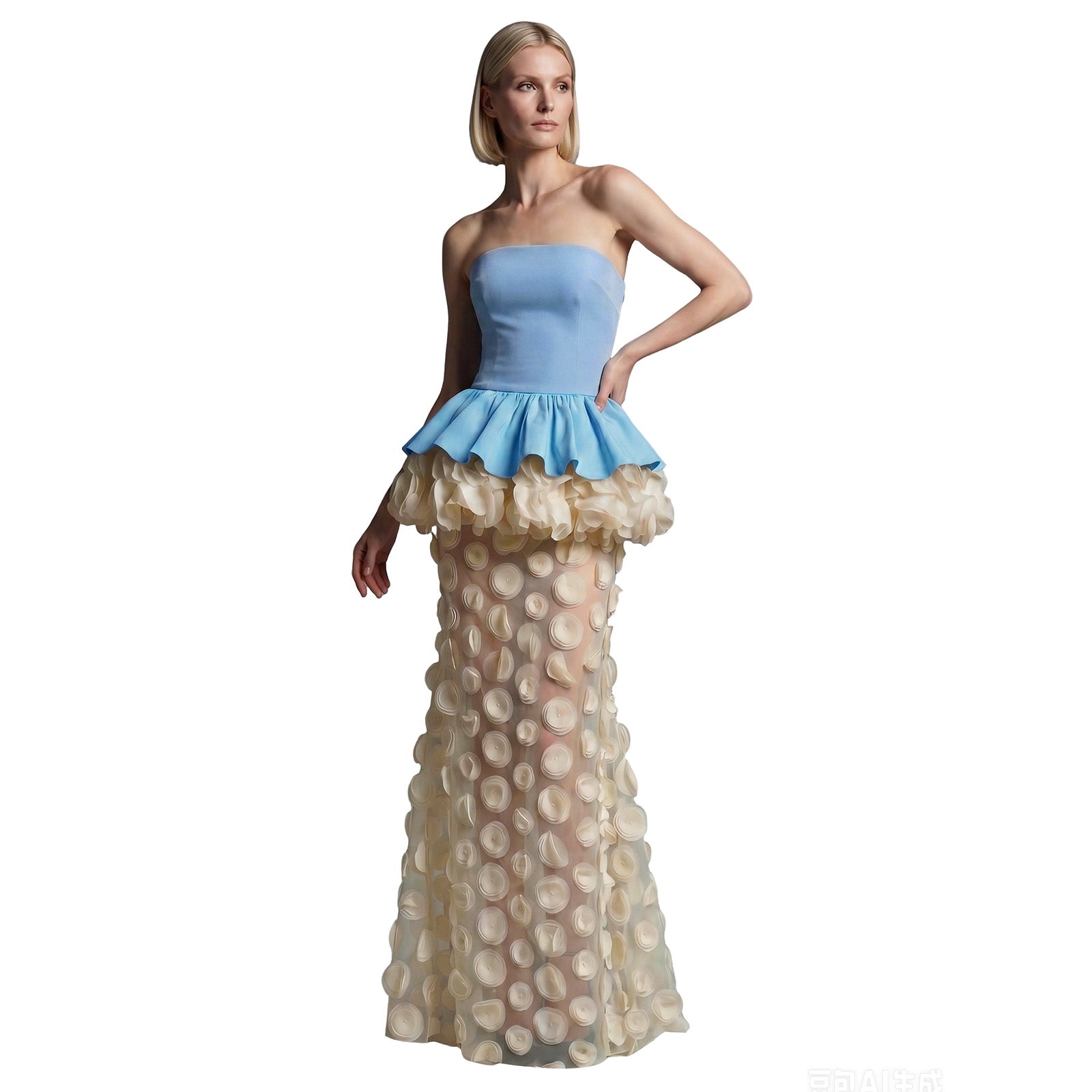 BluePlum Sky Blue Peplum 3D Floral Mesh Mermaid Evening Gown