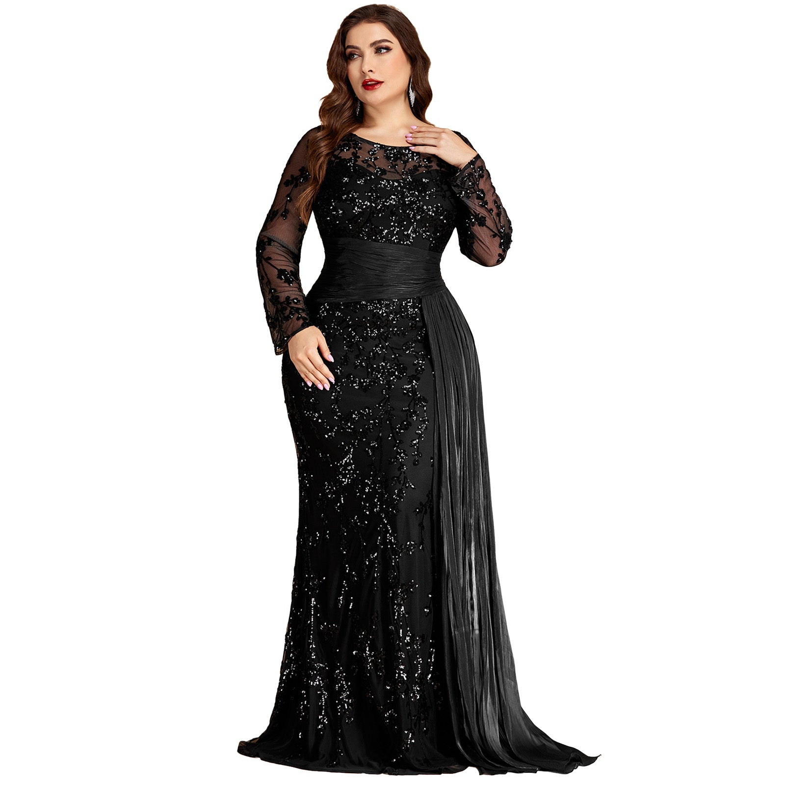 Black Long Sleeve Sequin Mermaid Formal Gown Plus Size Floor Length Wedding Guest Evening Dress