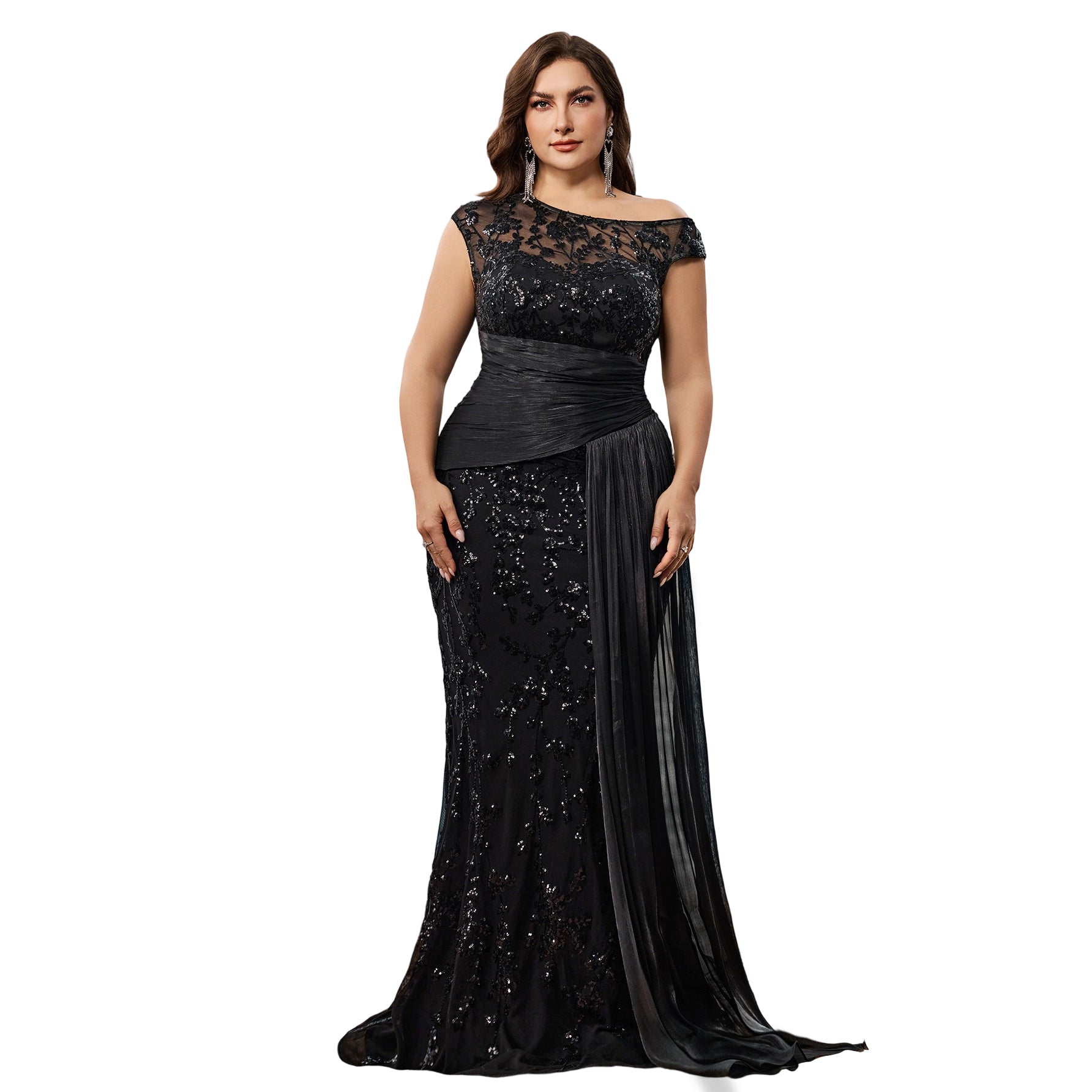 Black Plus Size Sequin Mermaid Formal Gown Asymmetrical Long Party Dress