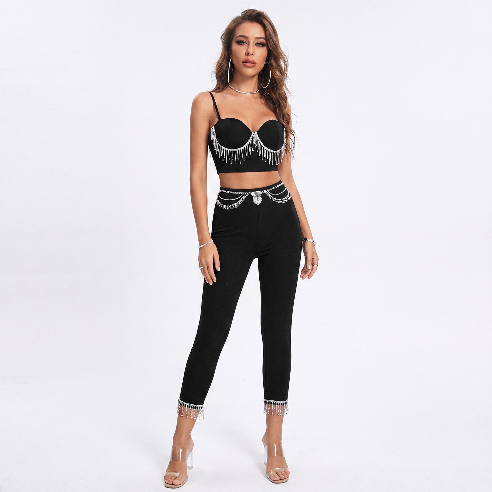 Rhinestone Fringe Two Piece Black Crop Top & Capri Pants Set