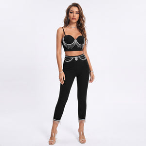 black rhinestone fringe two-piece set for women front view