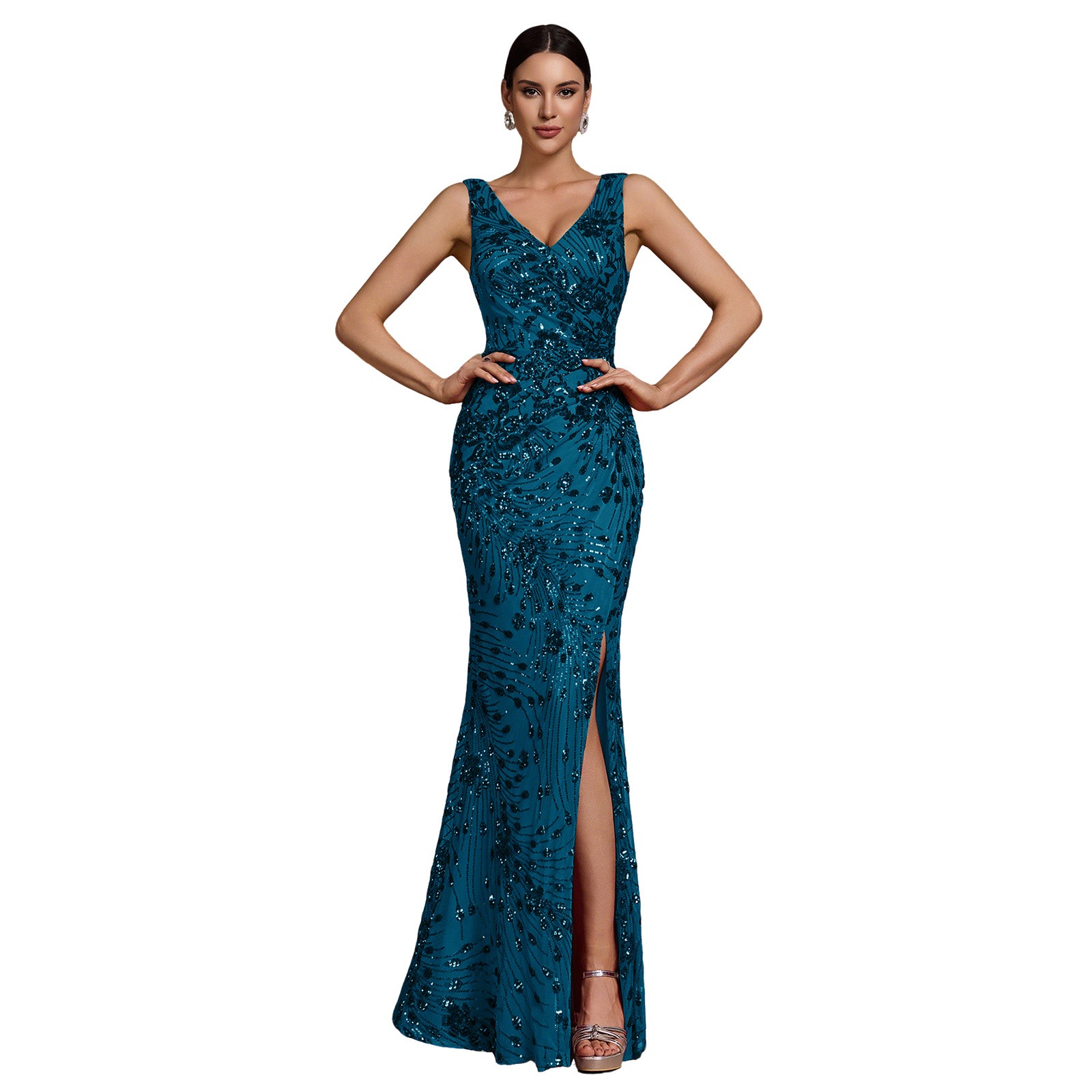 Embroidered Sequin Deep V Slit Mermaid Maxi Formal Gown