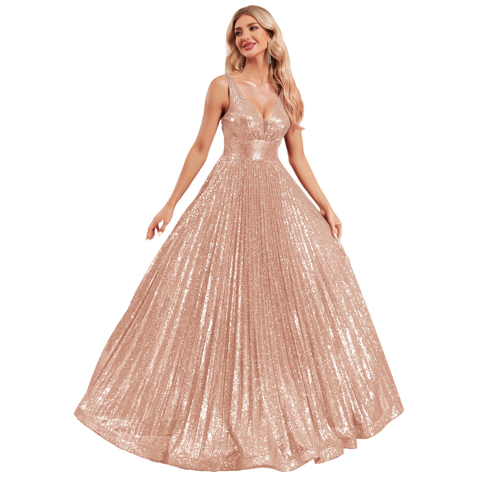Sequin V-Neck V-Back Pleated A-Line Maxi Wedding Guest Dress