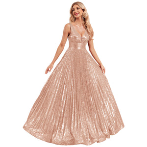 sequin v-neck v-back a-line maxi dress for women front view