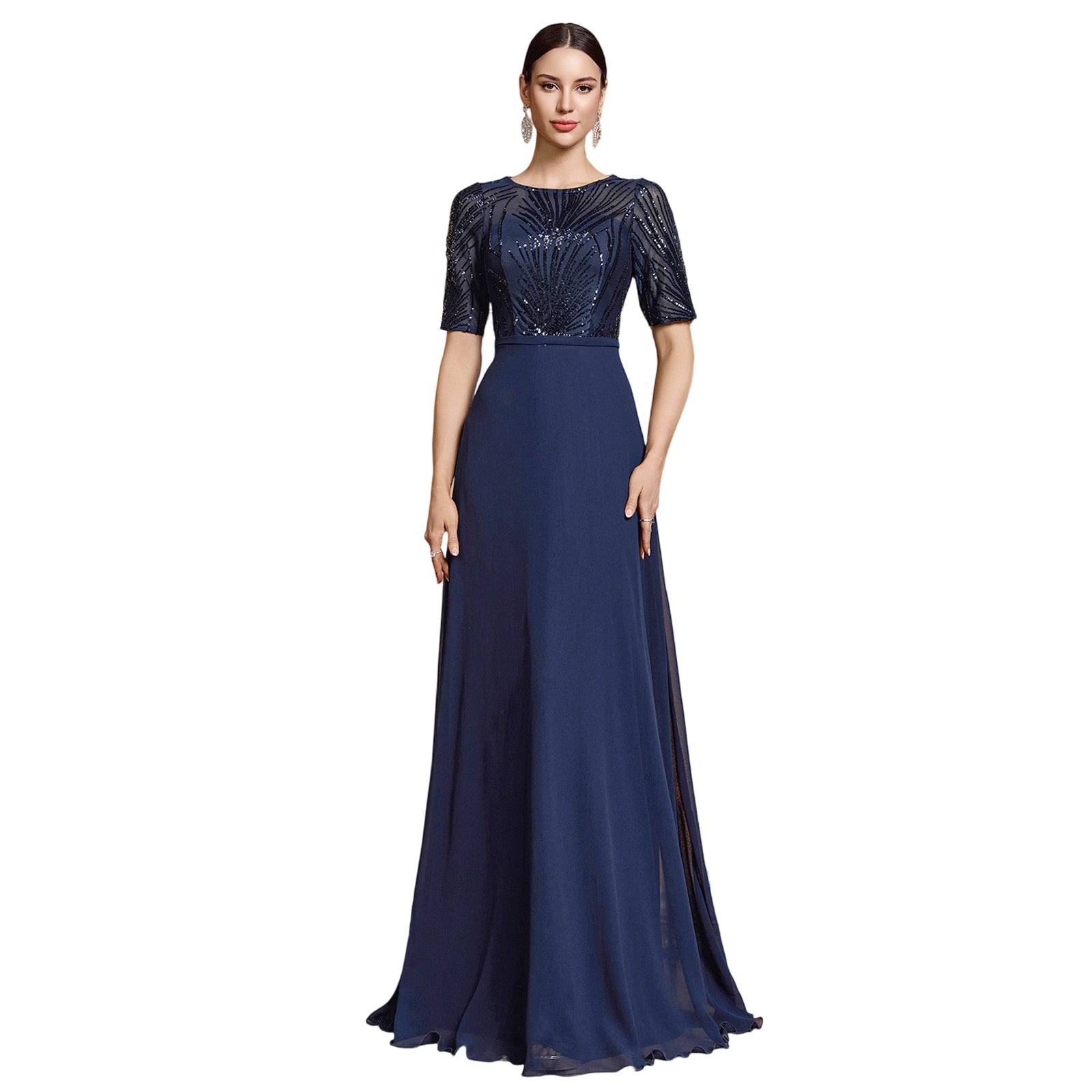 Sequin Embroidery Crew Neck Mid-Sleeve A-Line Maxi Eveing Dress