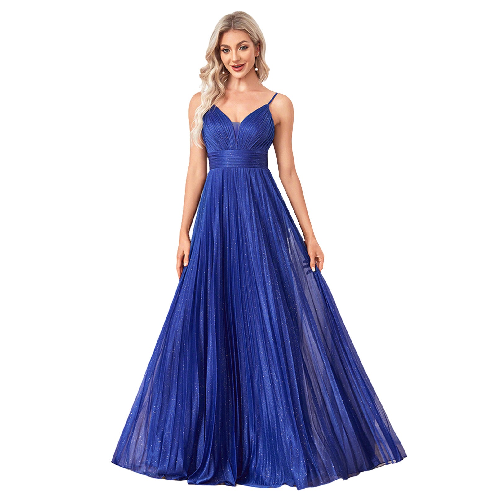Sparkles Mesh Deep V Pleated Maxi A Line Formal Dress
