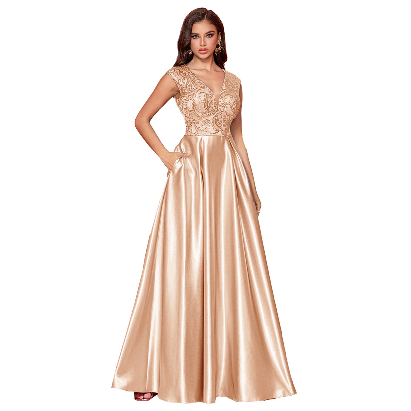 Sequin Embroidery V-Neck Round Back A-Line Maxi Evening Dress