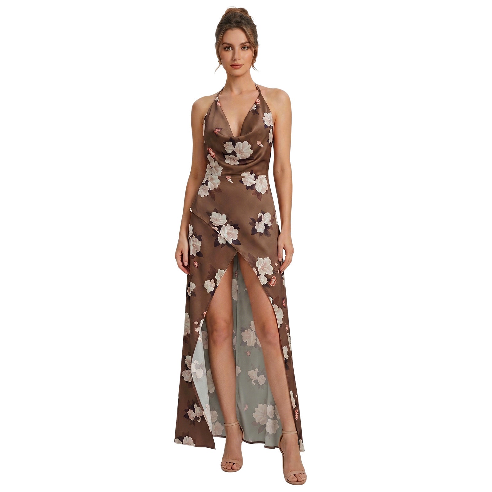 Draped V Neck Floral Halter Maxi Dress High Slit Vintage Western Vacation Long Dress
