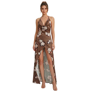 draped floral halter maxi dress for women front view