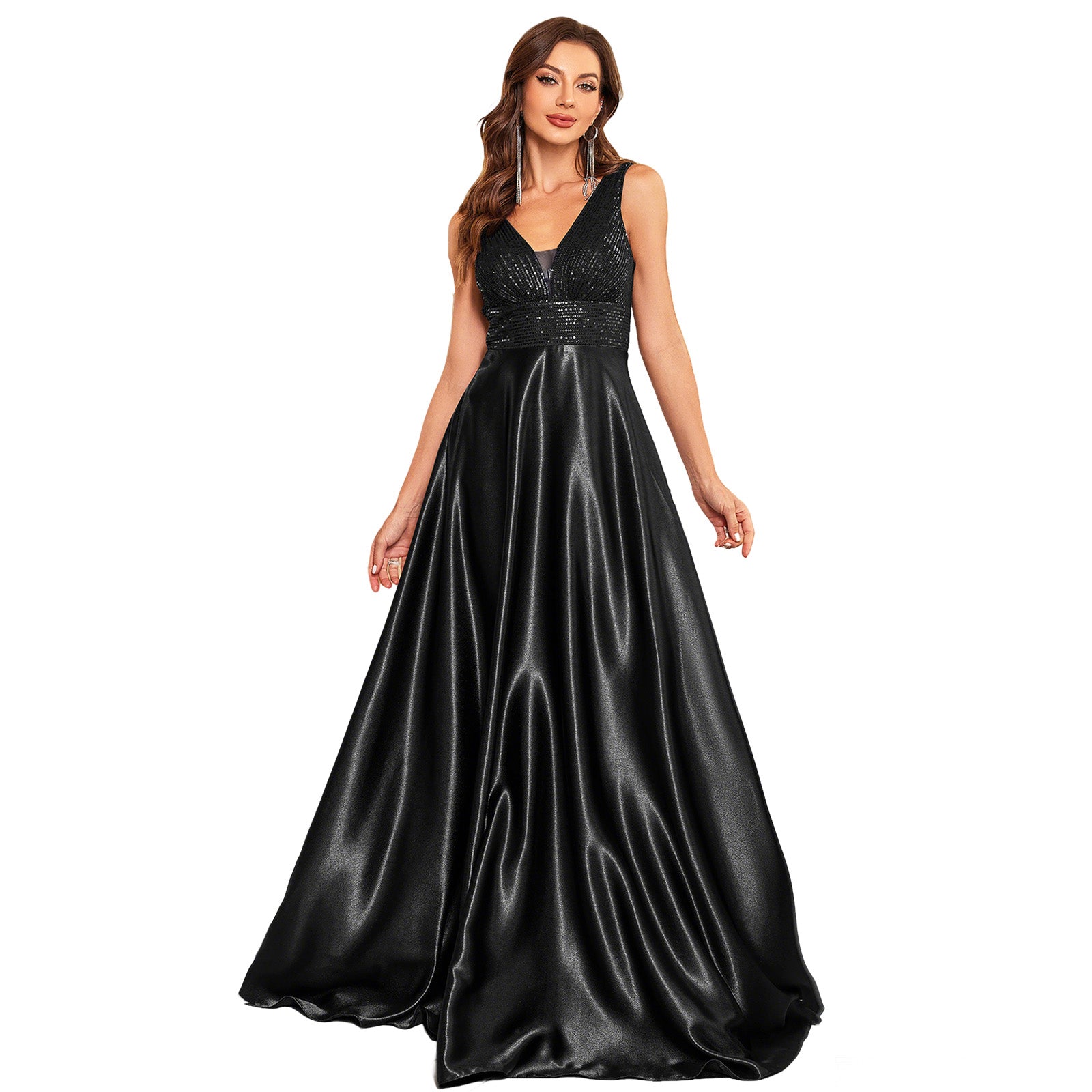 Sequin Embroidered Belted V-Neck Backless Maxi Ball Gown