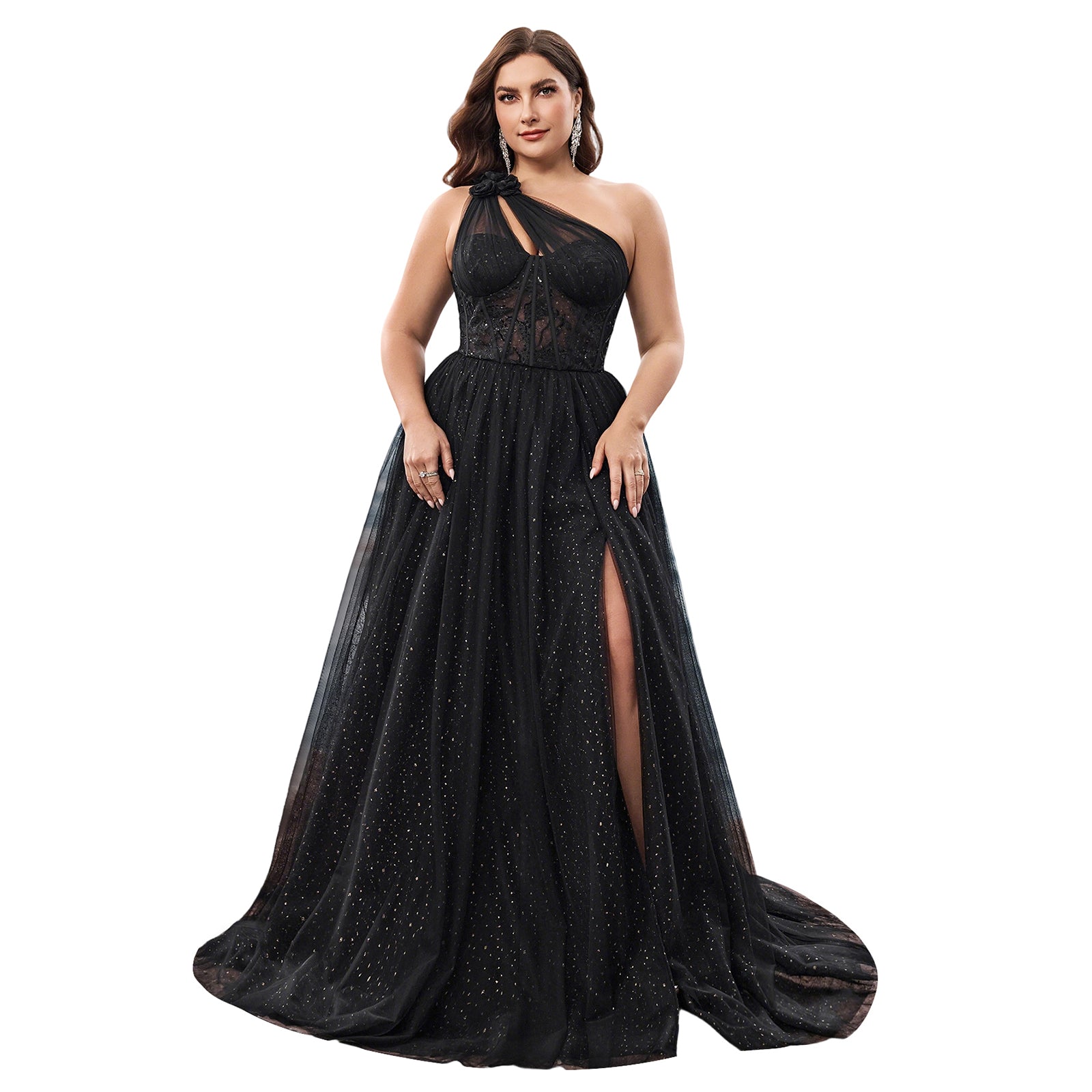 Black Plus Size One Shoulder Sparkly Tulle Formal Gown Corset Long Party Dress