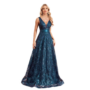 Sequin embroidered V-neck backless ball gown for women front view
