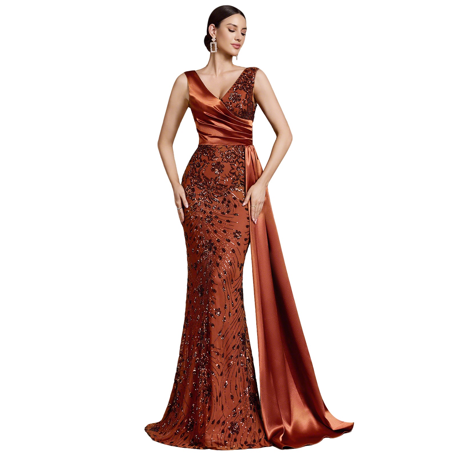 Sequin Patchwork V-Neck V-Back Mermaid Maxi Formal Dress