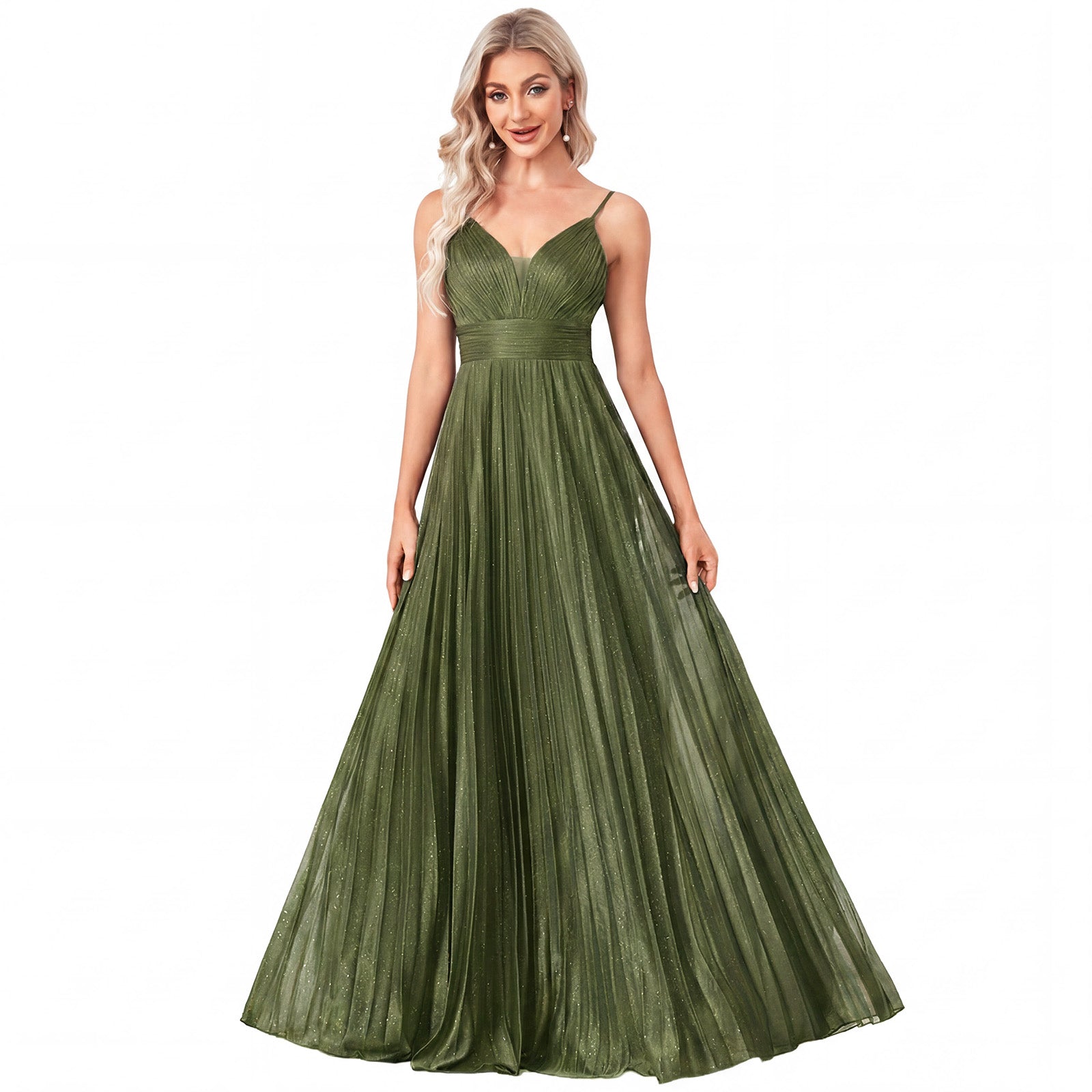 Sparkles Mesh Deep V Pleated Maxi A Line Formal Dress