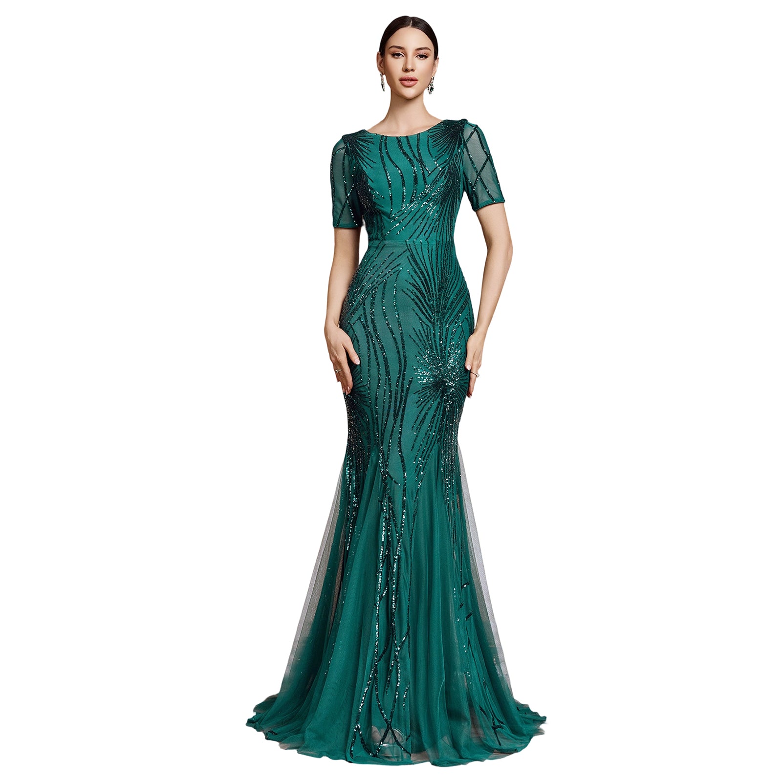 Sequin Embroidery Patchwork Mesh Short Sleeve Mermaid Maxi Formal Dress