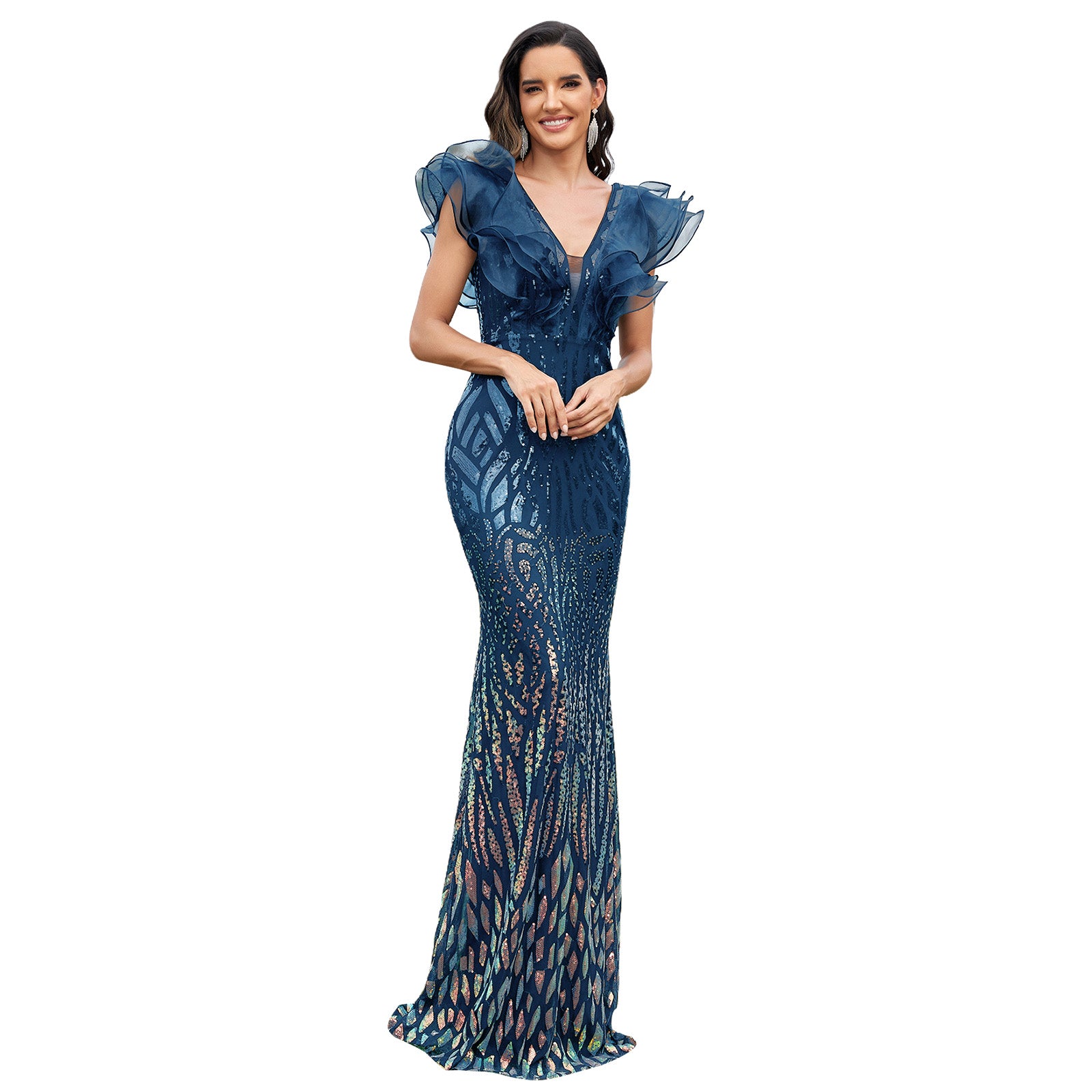 Sequin Embroidery Flutter Sleeve V-Neck V-Back Mermaid Maxi Evening Dress