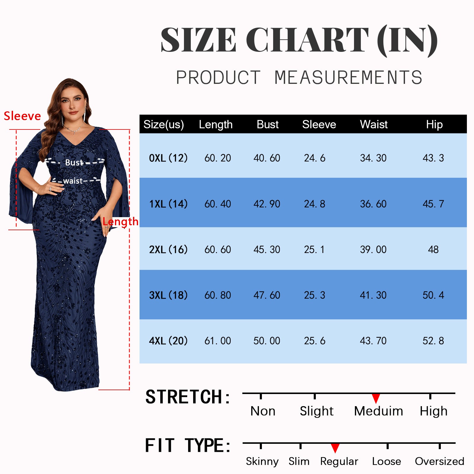 Plus size navy blue sequin mermaid evening gown size chart
