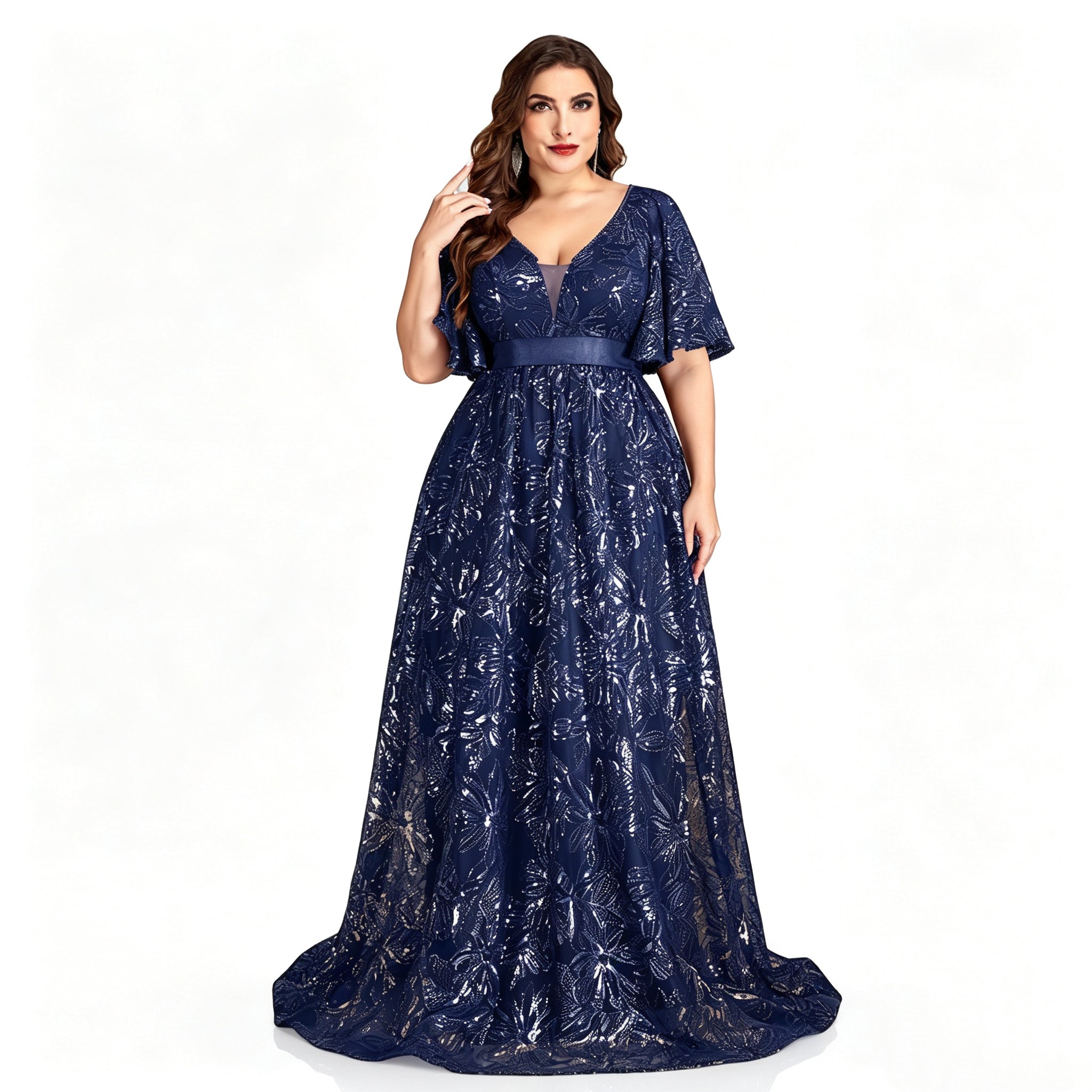 Navy Blue Floral Sequin Lace Plus Size Formal Dress V Neck Flutter Sleeve Empire Waist Long Evening Gown