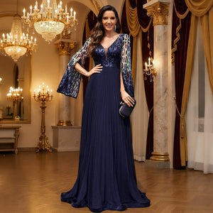 Model Wearing Navy Blue Sequin Slit Cape Sleeve Evening Gown