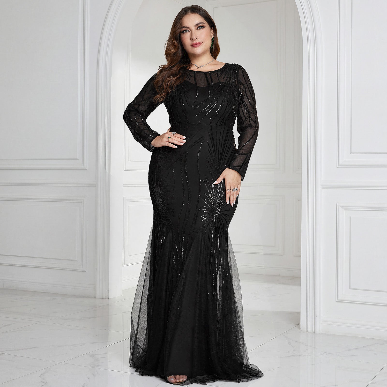 Women Plus Size Sparkle Starburst Sequin Mermaid Dress Long Sleeve Mesh Formal Gown for Black Tie Event