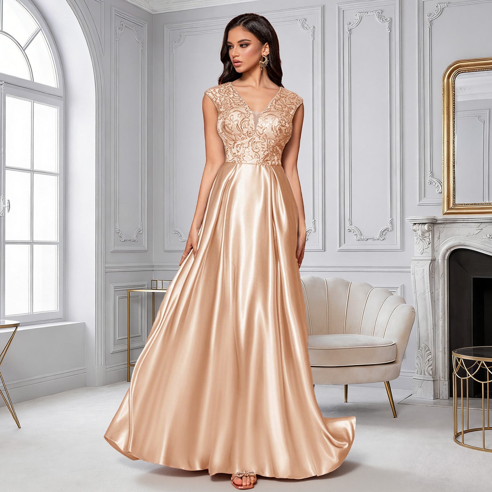 Sequin Embroidery V-Neck Round Back A-Line Maxi Evening Dress