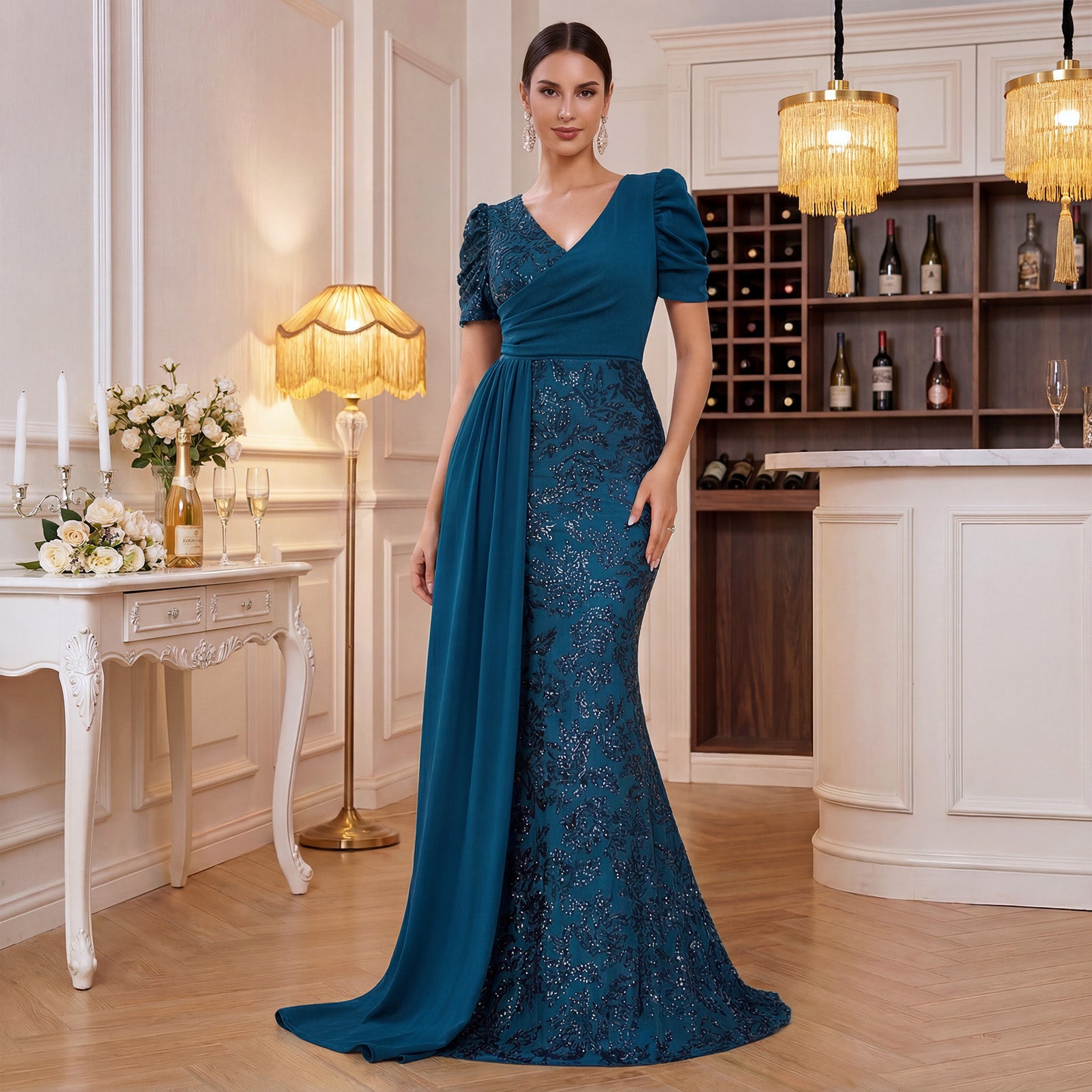 Sequin  Embroidery Asymmetric Mermaid Maxi Eveing Dress