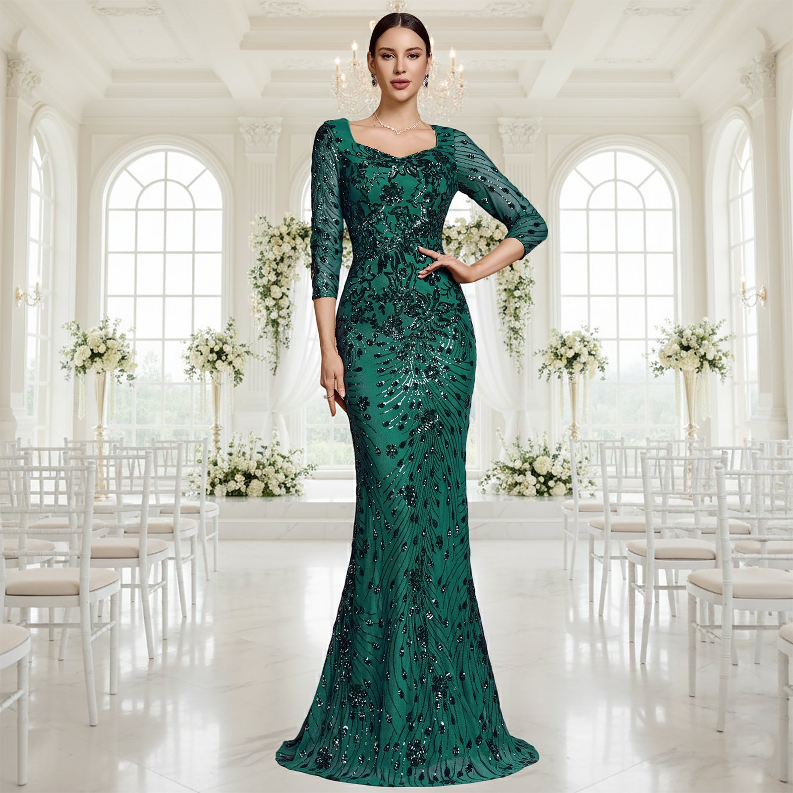Sequin Embroidery 3/4 Sleeve Mermaid Maxi Formal Gown