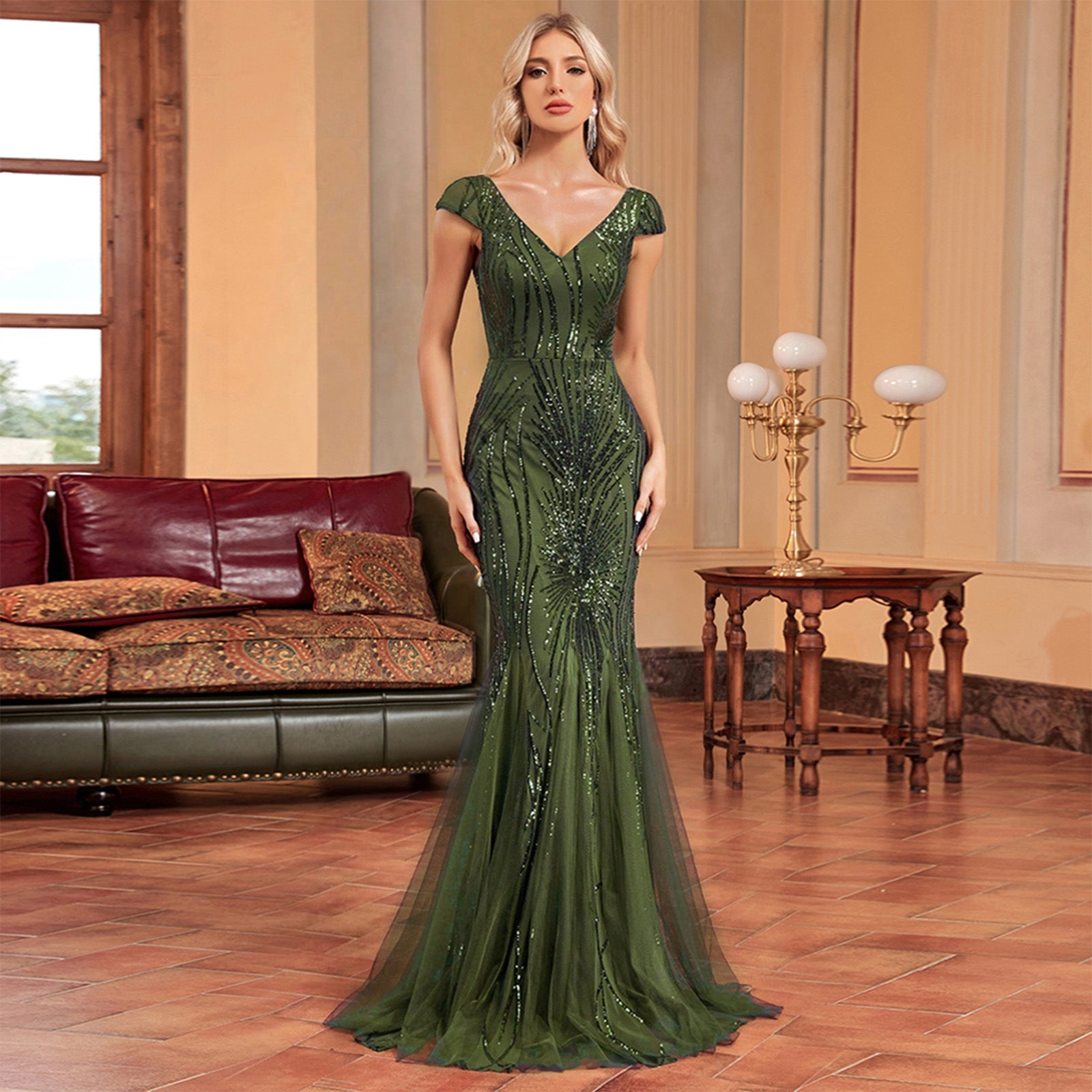 Sequin Cap Sleeve V-Neck Mermaid Maxi Dress