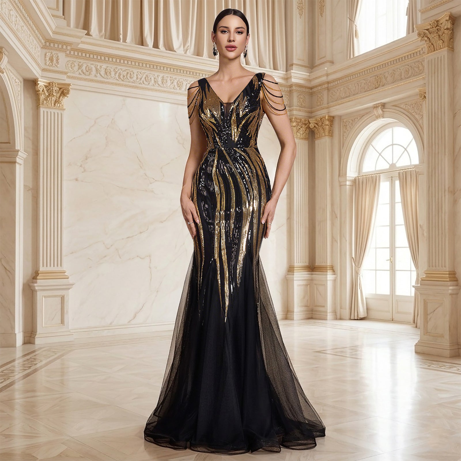 Beaded Sequin V-Neck V-Back Mesh Mermaid Maxi Evening Gown