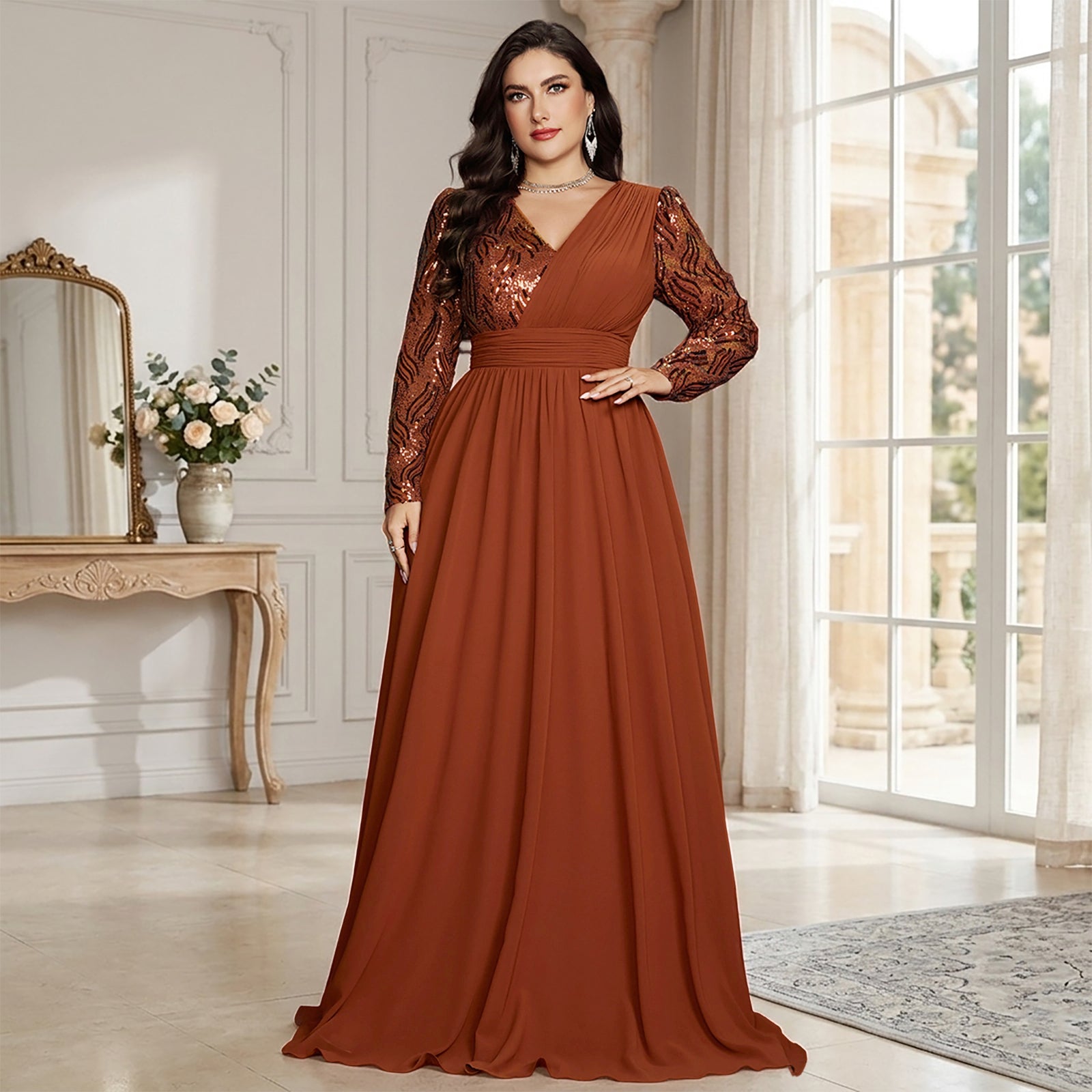 Plus Size Burnt Orange Chiffon Evening Gown Long Sleeve Sequin V Neck A Line Floor Length Formal Dress for Wedding Guest Mother of Bride