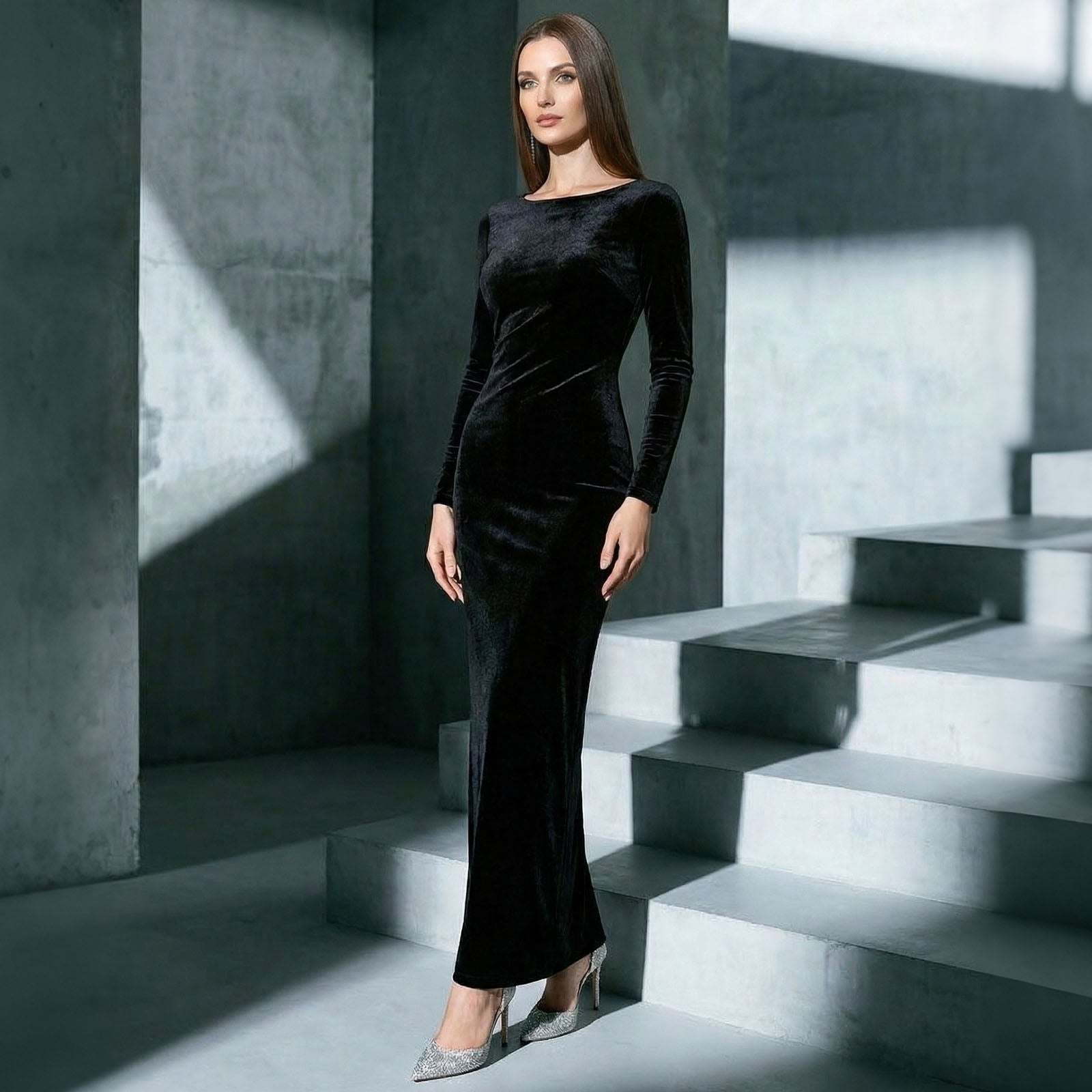 Elegant Black Velvet Long Sleeve Mermaid Evening Gown