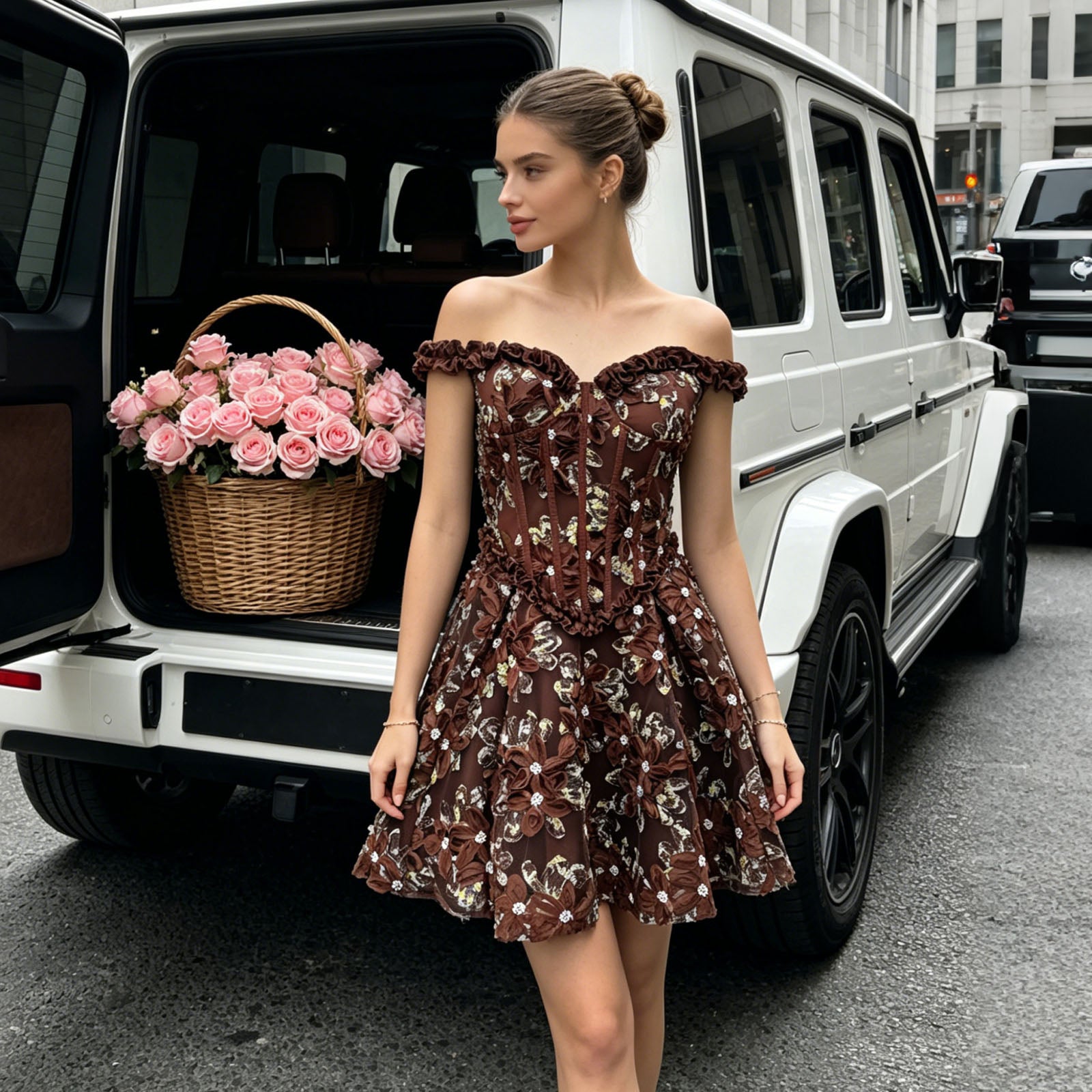 Ruffle Off Shoulder 3D Flower Corset Party Mini Dress