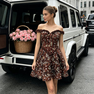 ruffle off-shoulder 3d flower corset mini for women side profile view on model