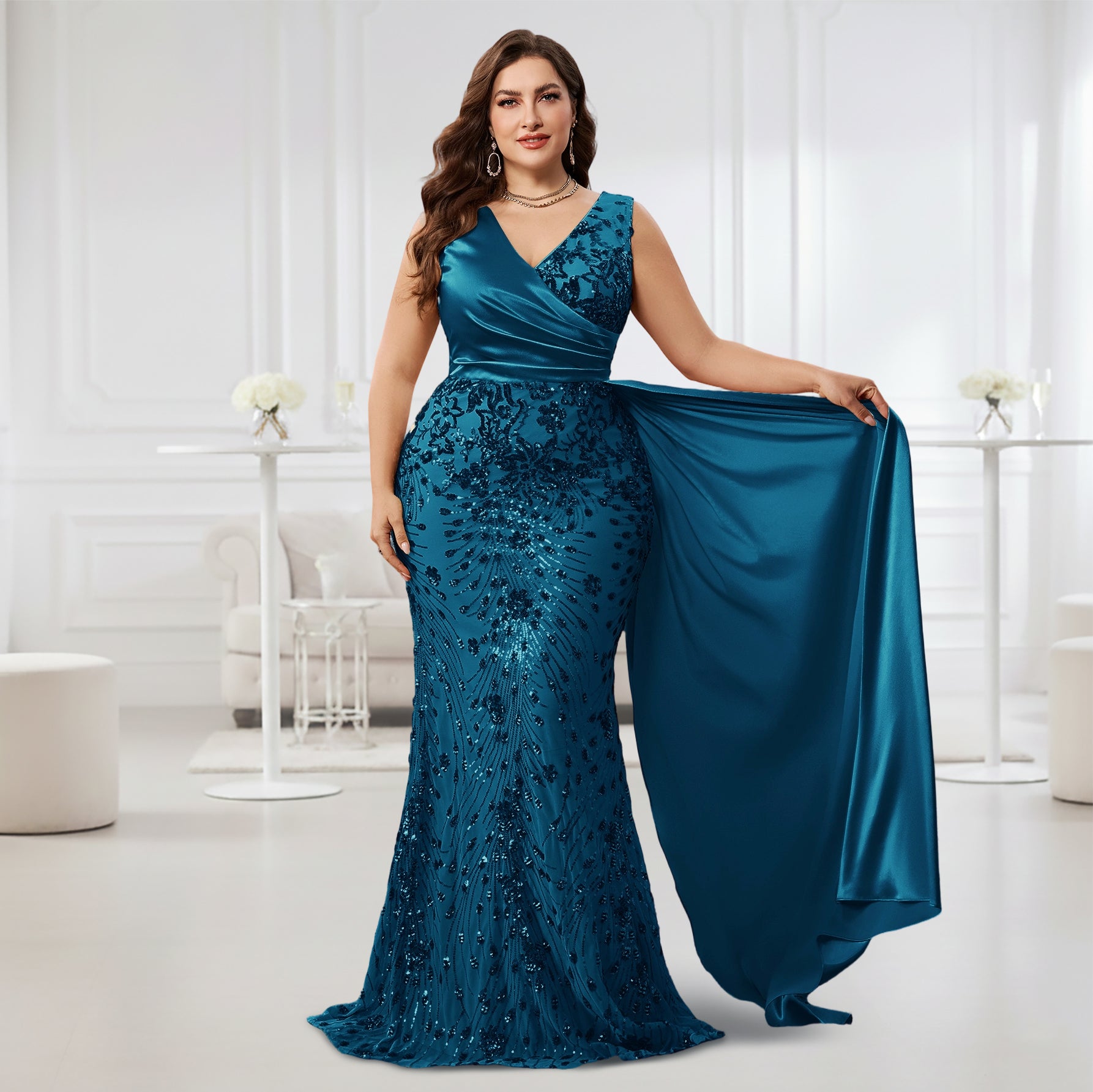 Teal Curvy Mermaid Sequin Formal Gown V Neck Satin Long Evening Dress With Flowy Train