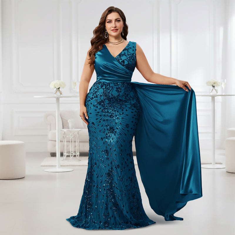 Teal Curvy Mermaid Sequin Formal Gown V Neck Satin Long Evening Dress With Flowy Train