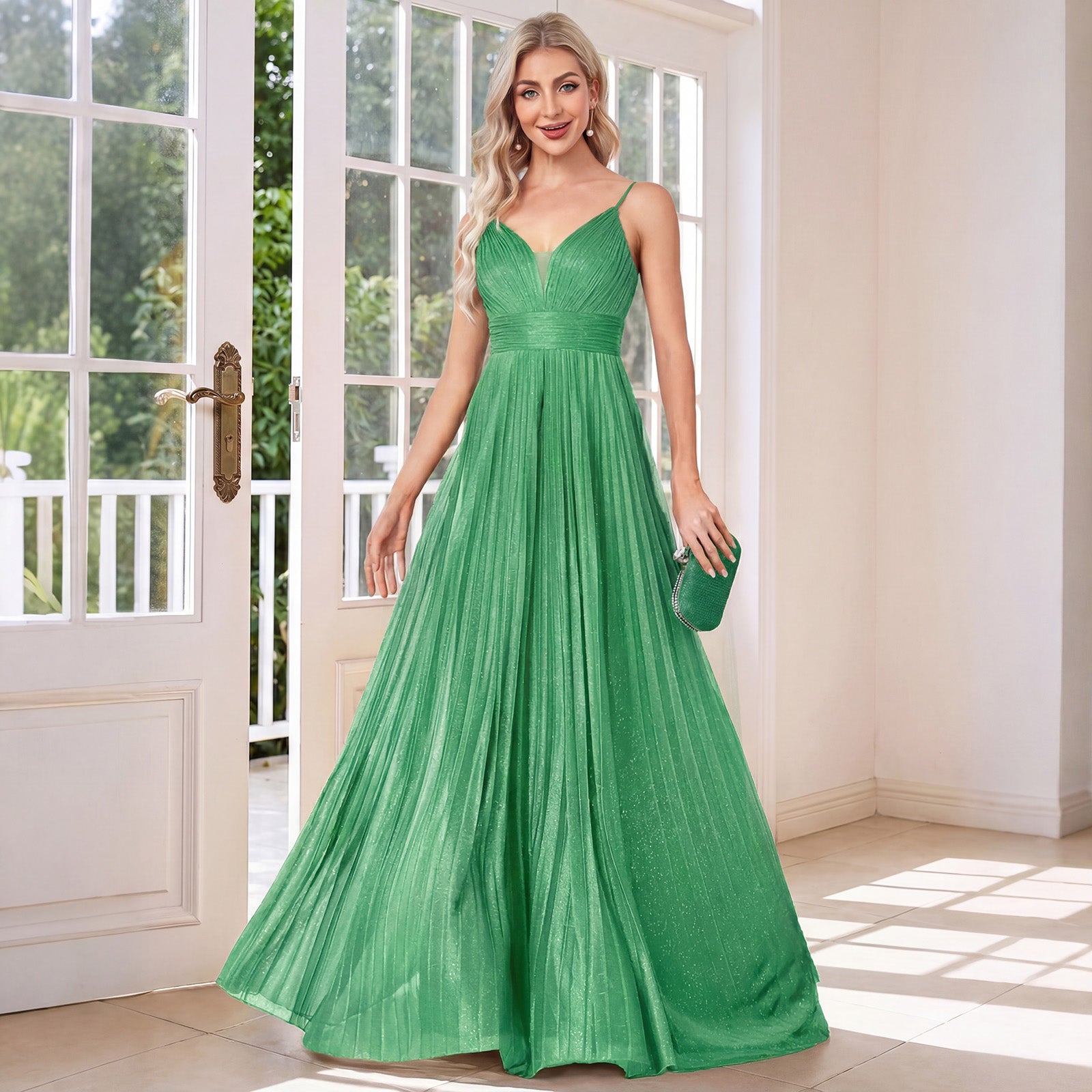 Sparkles Mesh Deep V Pleated Maxi A Line Formal Dress