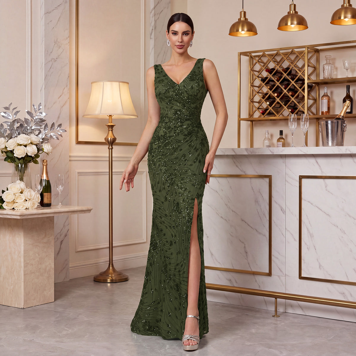 Embroidered Sequin Deep V Slit Mermaid Maxi Formal Gown