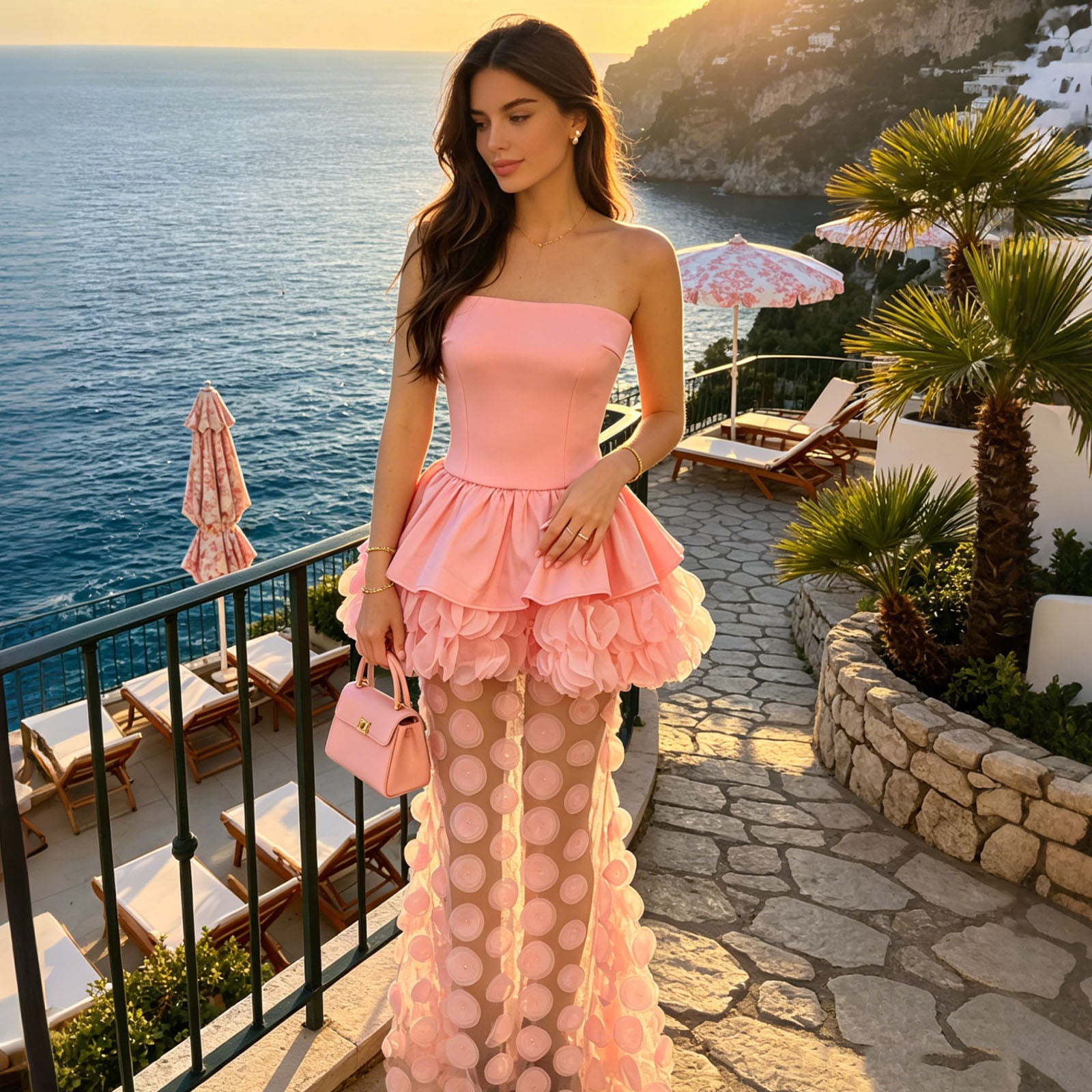 Blush Strapless 3D Flower Mesh Mermaid Formal Evening Gown